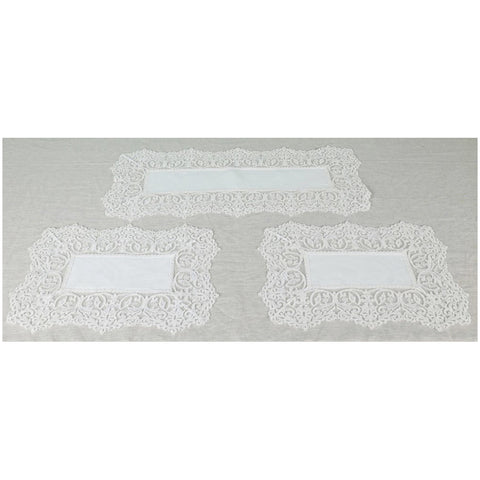 Lena flowers Tris runner and linen doilies with ivory lace made in Italy