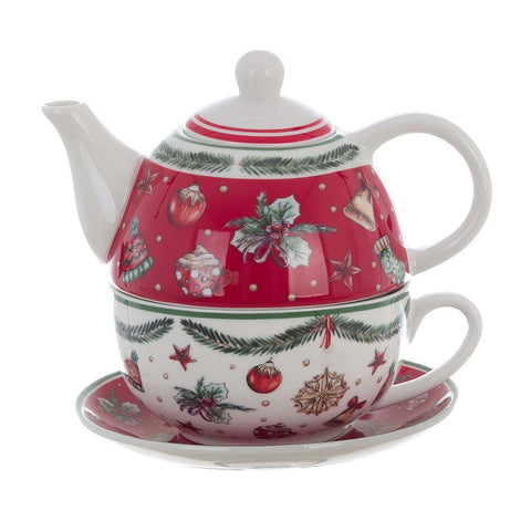 Théière de Noël Blanc Mariclò + tasse et soucoupe "Hamamelide" en porcelaine 400 ml