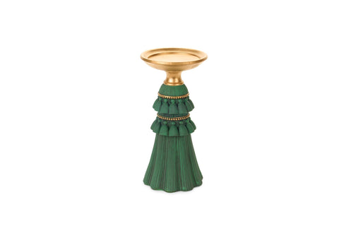 Nuvole di Stoffa Candelabro natalizio portacandela con nappine in resina verde e oro D10 H20 cm