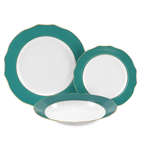 Service de 18 assiettes en porcelaine turquoise à bordure dorée « Vivienne » D20,5 cm / D24 cm / D27 cm