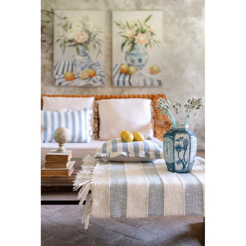 Blanc Mariclò Cuscino arredo in cotone avorio/azzurro con gale "Righe di Sole" 45x45 cm