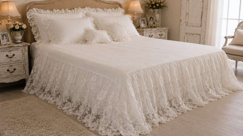 Clodette Copriletto matrimoniale in cotone bianco, gala in pizzo + 2 federe "Giselle" 260x260 cm