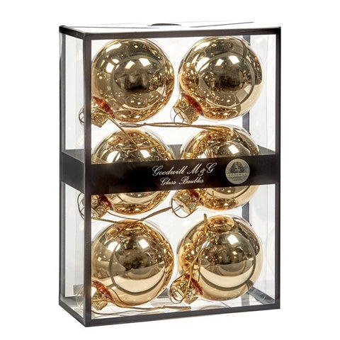 GOODWILL Box set of 6 shiny gold Christmas tree balls in glass