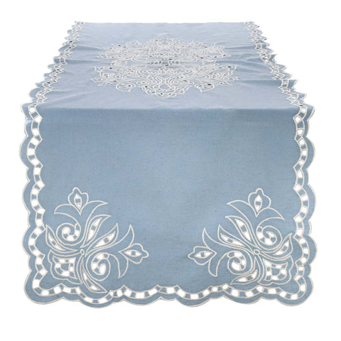 Blanc Mariclò Runner in misto cotone/lino azzurro con ricami "Dentelle" 50x150 cm