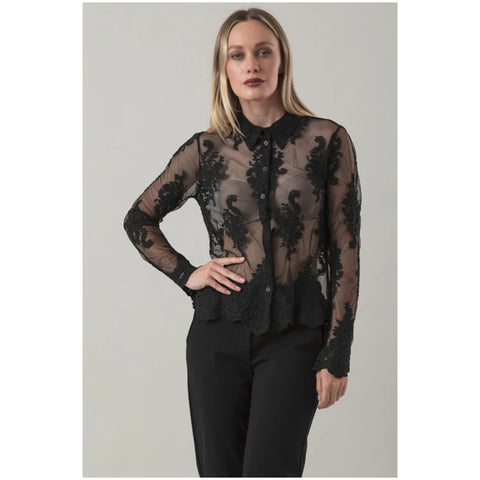 Chez Moi Chemise /Camicia da donna in misto cotone e pizzo, Made in Italy "Fluerette"