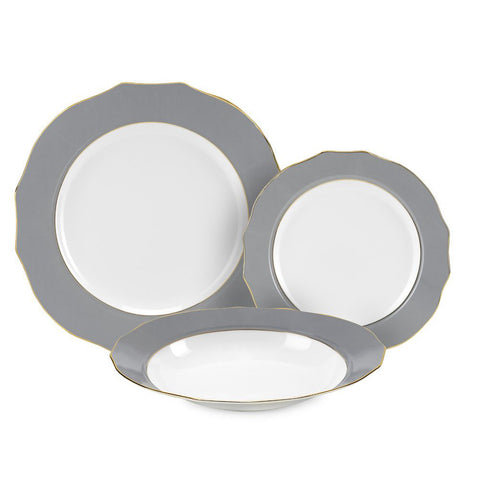 Service Fade de 18 assiettes en porcelaine à bordure dorée, 6 couverts « Vivienne » D20,5 cm / D24 cm / D27 cm