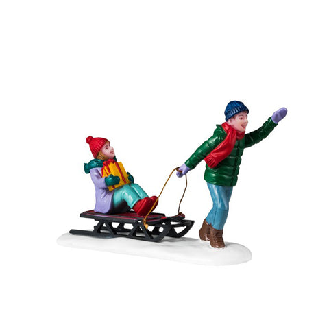 LEMAX Enfants avec traîneau "Visite du Réveillon de Noël" en résine H5,7 x 9 x 3,2 cm