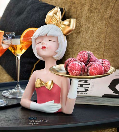 Henriette Statuina decorativa Nora in resina con vassoio "Majorette" 26xH27 cm - Angelica Home Stabia