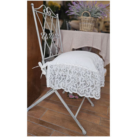 Charme Chair cushion cover in white cotton and lace flounce, made in Italy 40x40+20 cm