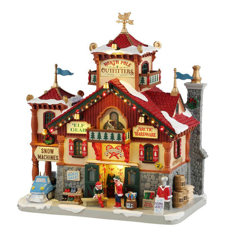 LEMAX LED illuminated building "North Pole Outfitters" in resin H24.7 x 23.5 x 14.5 cm