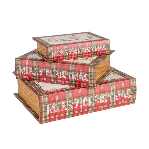 Clayre & Eef Set 3 Scatole Libri natalizi contenitori in legno scozzese