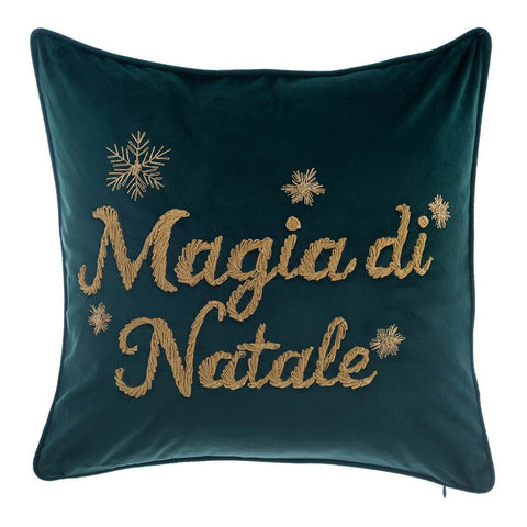 Blanc Mariclò Cuscino arredo effetto velluto verde con scritta "Magia di Natale" "Bollicine Collection" 45x45 cm
