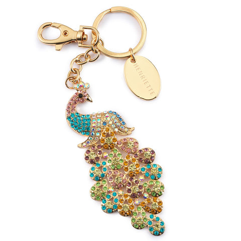 Henriette "Lucky Charme" Peacock Keychain in Metal and Glitter, 4x10 cm