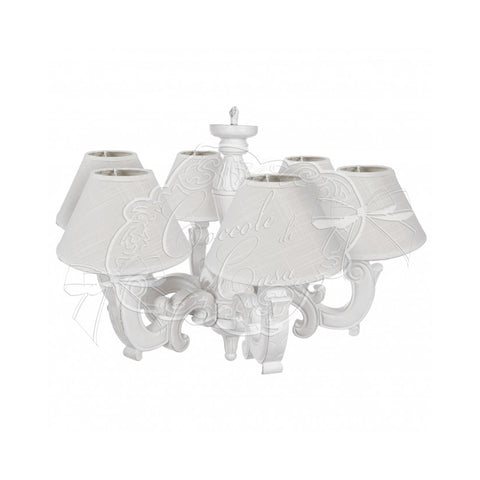 Coccole di Casa Lampadario 6 luci in legno bianco decapato con paralumi "Sofia" D60xH49 cm