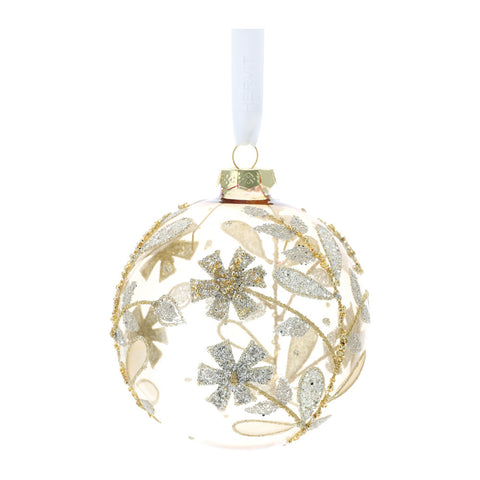 Hervit Sphère en verre soufflé Ambre avec fleurs dorées + coffret cadeau 8 cm