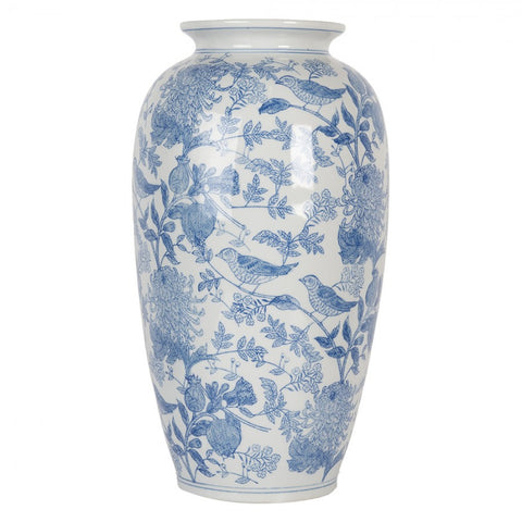 Clayre & Eef Vaso portafiori in ceramica Bianco/Blu Uccellini D17xH37 cm