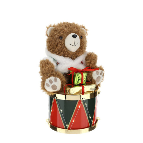 Hervit Peluche natalizio orso su tamburo con Led tessuto e metallo 19xH33 cm