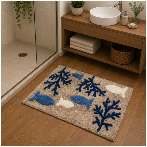 Tappeto bagno mare con pesci e coralli blu, ideale per arredo bagno stile marino e moderno