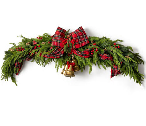 Fiori di Lena Tralcio Fuoriporta artigianale di natale con fiocco in tartan e 3 campanacci L150 cm