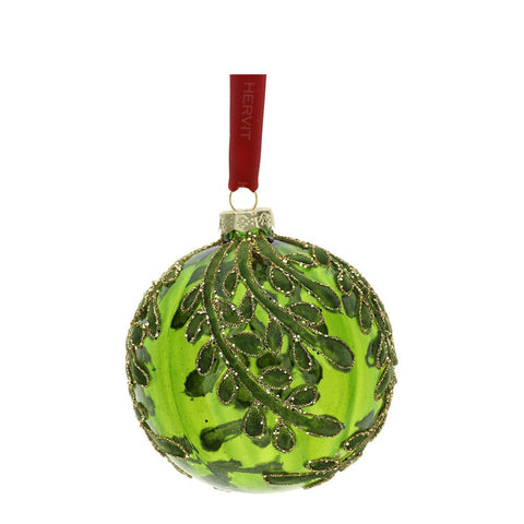 Hervit Boule de Noël en verre soufflé vert avec décor feuilles D8 cm