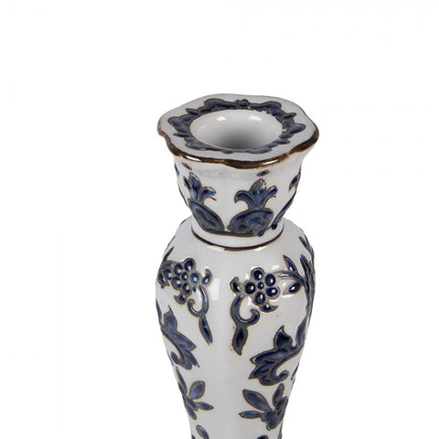 Clayre & Eef Candelabro in porcellana bianco con decori blu Ø11x21 cm