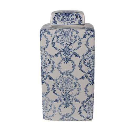 Clayre & Eef Vaso portafiori in ceramica Bianco/Blu con coperchio 15x15xH31 cm