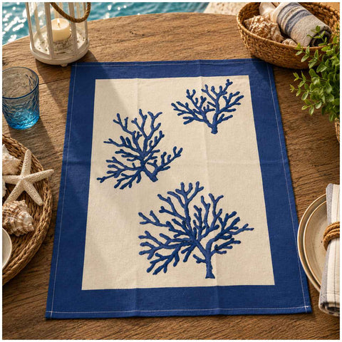 Tovaglietta mare con coralli blu, stile marino per tavola estiva, tessile cucina decorativo