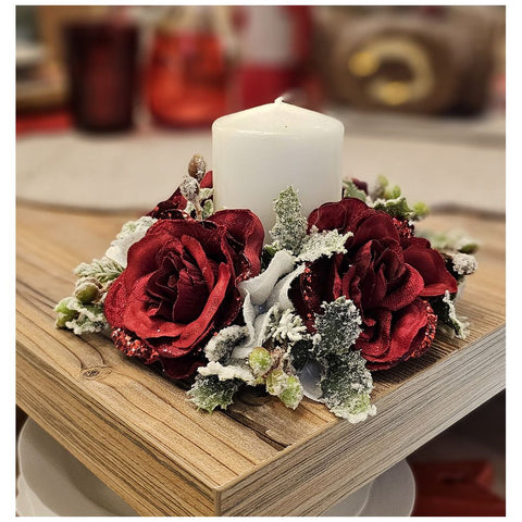 Bougeoir de Noël Fiori di Lena avec roses, Made in Italy D16xH9 cm