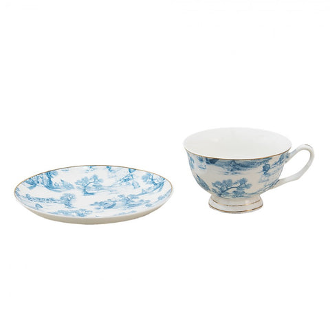 Clayre & Eef Set 2 Tazze da tè in porcellana bianco/blu con piattino "Toile de Jouy" 250 ml