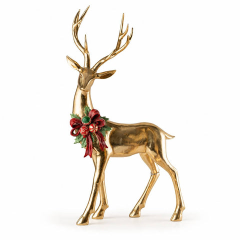 Fiori di Lena Statuetta Renna di natale in resina oro con fiocco H84.5 cm