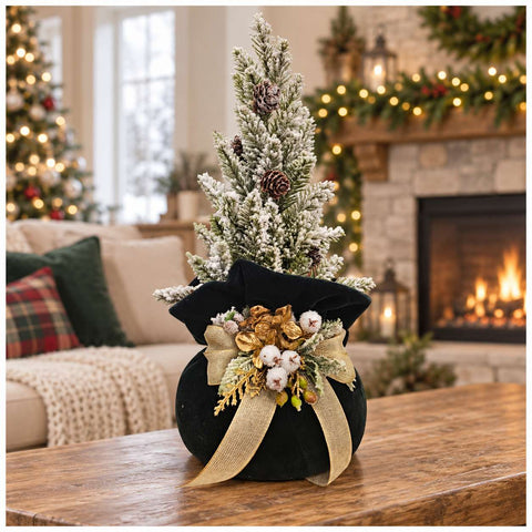 Fiori di Lena Alberello di natale innevato base in velluto D15xH40 cm 3 varianti(1 unità)