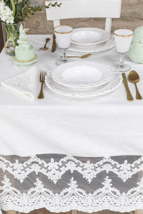 Chez Moi Tovaglia in misto lino naturale e pizzo "Cornice Simposio" 170x240 cm