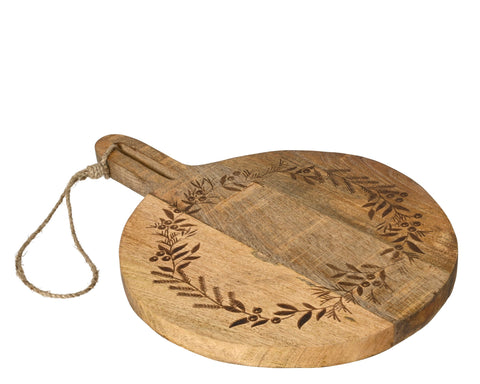 Tagliere rotondo in legno di mango con motivo a ghirlanda tagliato al laser, certificato FSC, mix 70%.