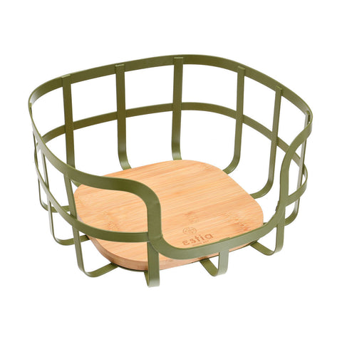 Estia Home Cesto Porta frutta in metallo verde e bamboo 24x24xH12,7 cm