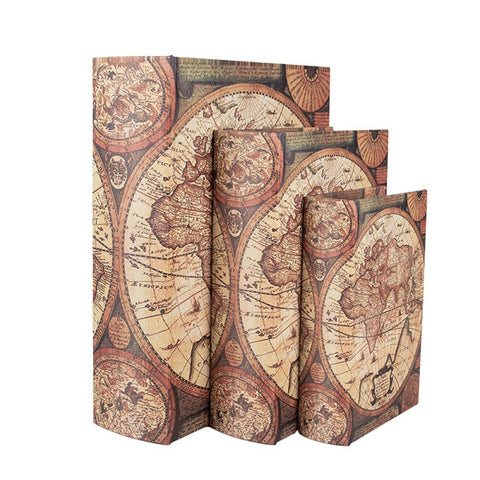 Clayre & Eef Set 3 Scatole Libri contenitori in legno Mappamondo 27x22x7 /22x17x6 / 17x12x4 cm