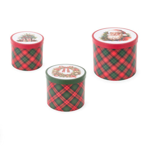 Lot de 3 boîtes rondes de Noël « Noël approche » en tissu 20/23/26 cm