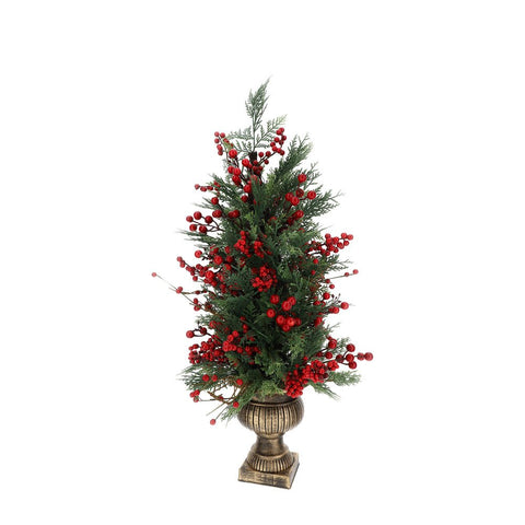 Hervit Albero di natale con bacche rosse pino sintetico con vaso oro H90 cm