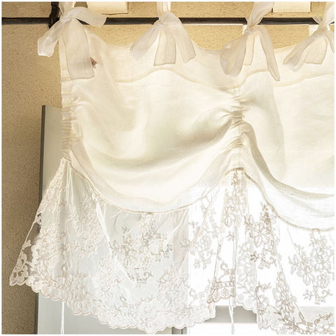 Chez Moi Drawstring valance in optical white linen and "Flora" lace, Made in Italy L160xH60 cm