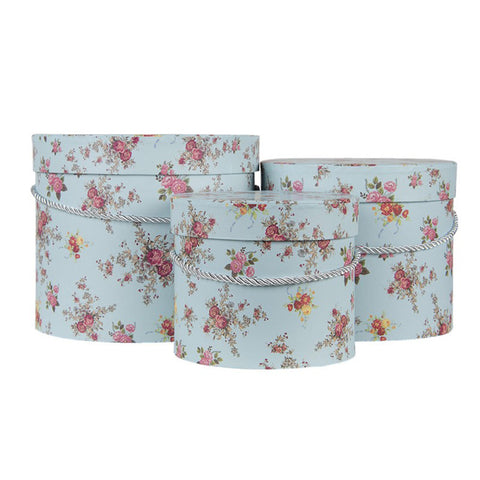 Clayre & Eef Set 3 Scatole contenitori in cartone celeste con fiori D23x19/D20x16/D17x14 cm