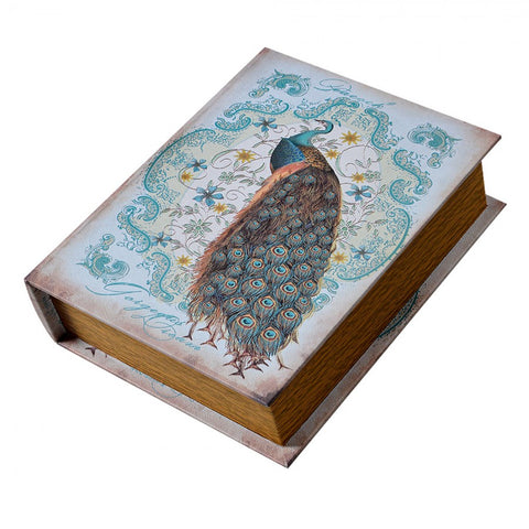 Clayre & Eef Set 3 Scatole Libri contenitori in legno con Pavone 27x22x7 /22x17x6 / 17x12x4 cm