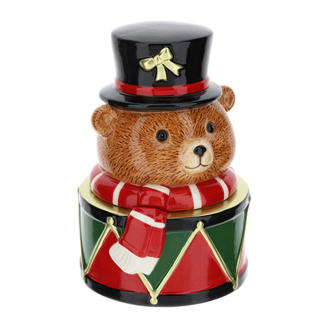 Hervit Contenitore natalizio orso su tamburo biscottiera in ceramica 16xH24 cm