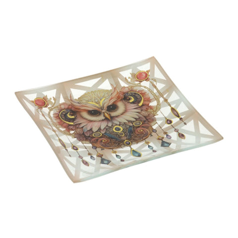 Hervit Decorative Glass Plate Owl Pink/Gold "AnimalGem" 20x20 cm