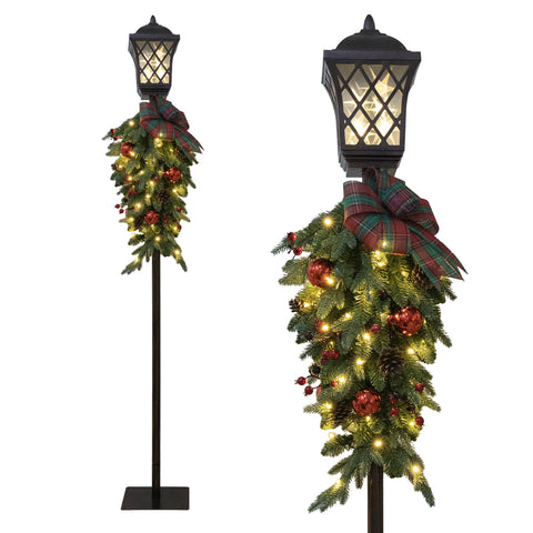 Hervit Lampione natalizio vittoriano con decoro pino e 70 luci LED H180 cm