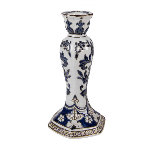 Clayre & Eef Candelabro in porcellana bianco con decori blu Ø11x21 cm