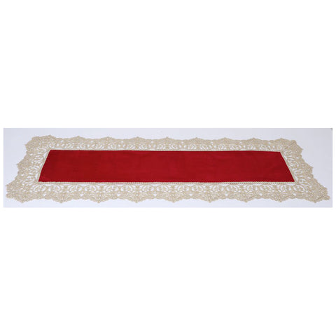 Tapis de chemin Lena fleurs de Noël en velours rouge et dentelle 140x48 cm