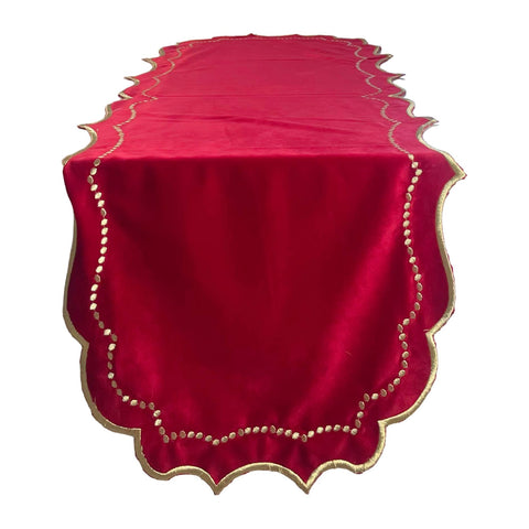 Chemin de table Clodette Christmas en velours rouge et or à pois 140 x 49 cm
