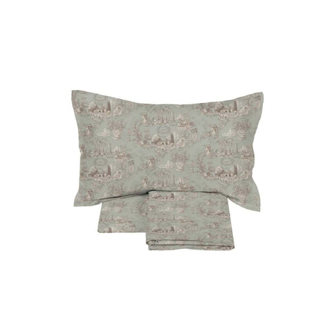 Copripiumino e federa in stile provenzale con motivo toile de jouy verde menta, tessile camera da letto