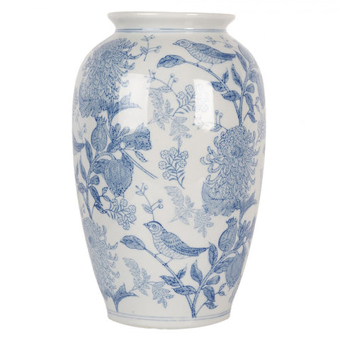 Clayre & Eef Vaso portafiori in ceramica Bianco/Blu Uccellini D17xH27 cm