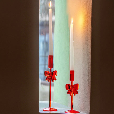 Rituali domestici Candeliere di natale in vetro rosso "Brilla Fiocco" 8xH26 cm