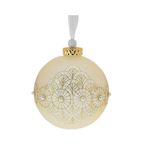 Hervit Satin Gold Glass Christmas Ball with Pearls, D10 cm
